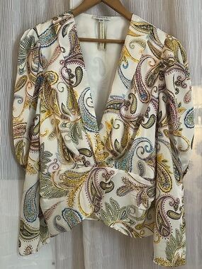 Guess Ivory Paisley Wrap-Style Blouse with Multicolor Accents